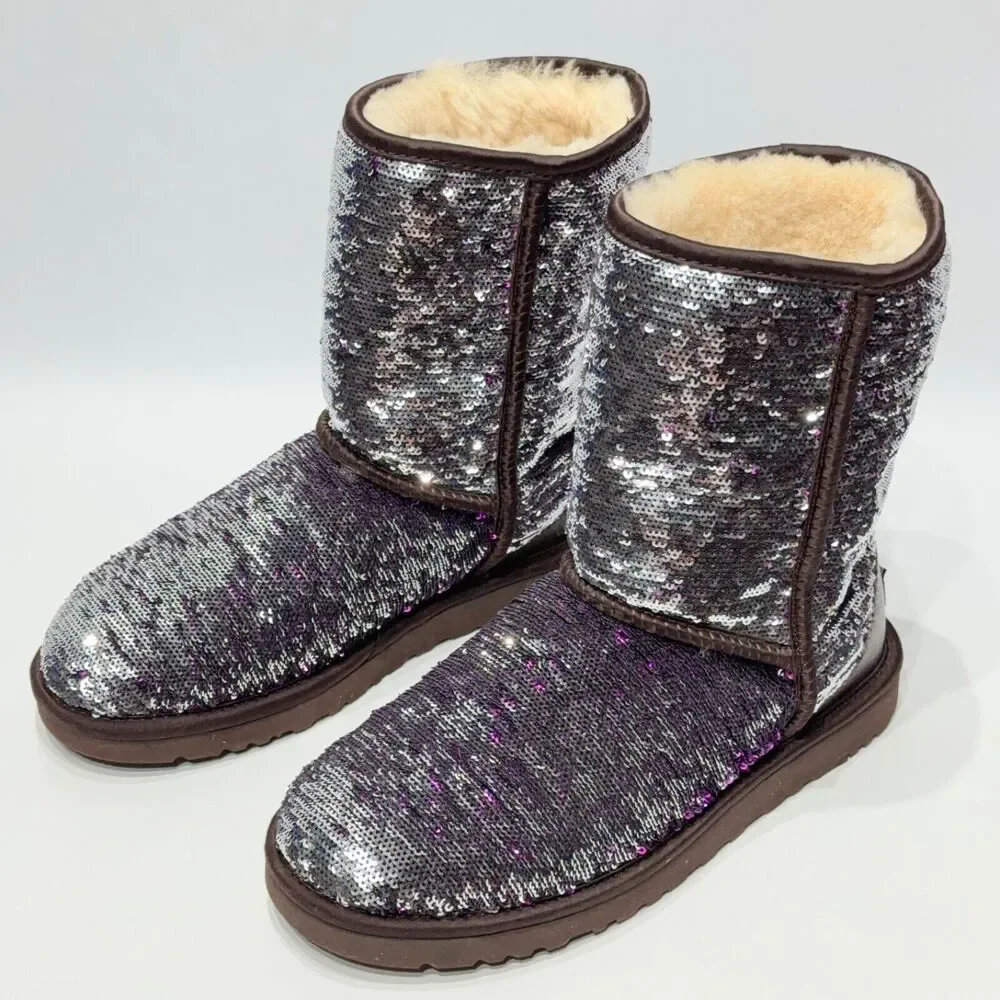 Ugg Australia Sequin Silver Purple Sparkle Winter Boot Women Size 7 Minimal Wear